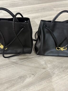 Classic Black Drawstring Shoulder Tote with Braided Strap